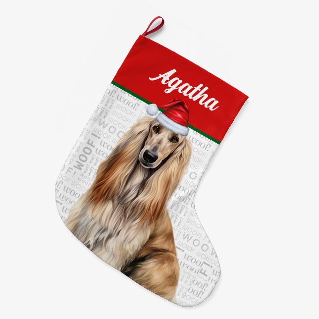 Christmas Afghan Hound Dog Name Woof Background Large Christmas Stocking (Front (Hanging))