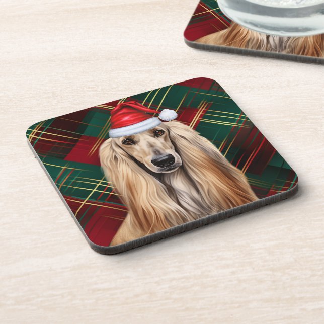 Christmas Afghan Hound Dog Red Plaid Holiday Coaster (Left Side)