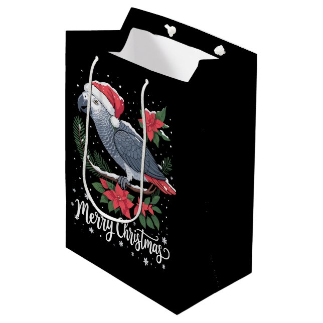 Christmas African Grey Parrot  Medium Gift Bag (Front Angled)