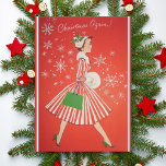 Christmas Again Vintage 1950s Fashion Lady Holiday Card<br><div class="desc">This darling mid-century card features a very fashionable lady wearing a red and white Christmas dress with green heels and purse along with a white fur muff, color and hat with a sprig of mistletoe. Decorative snowflakes surround her with the caption reading "Christmas Again!" Sentiment inside the card can be...</div>