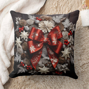Christmas AI Ribbons Poinsettia Decorations Throw Pillow