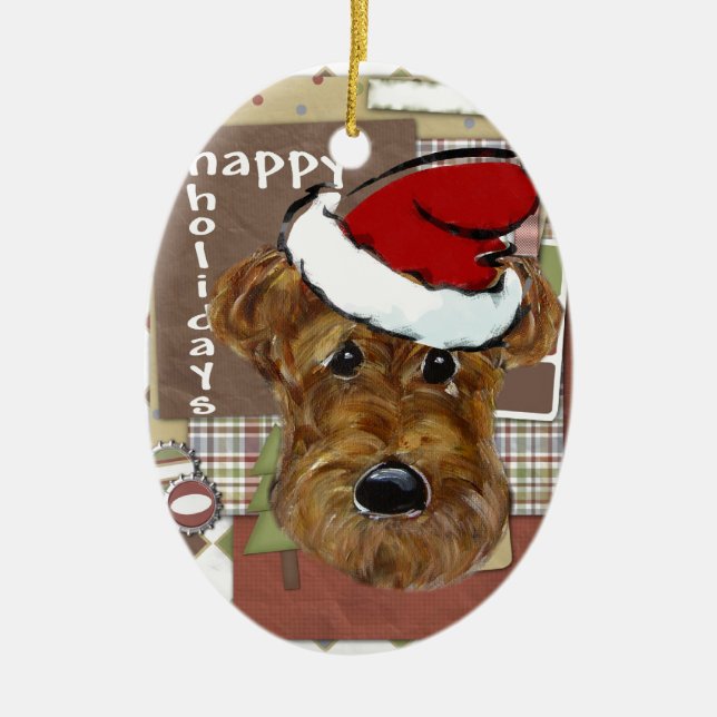 CHRISTMAS AIREDALE CERAMIC ORNAMENT (Front)