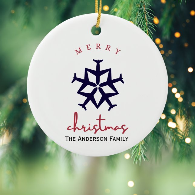 Christmas Airplane Snowflake Photo Funny Aviation  Ceramic Ornament (Creator Uploaded)