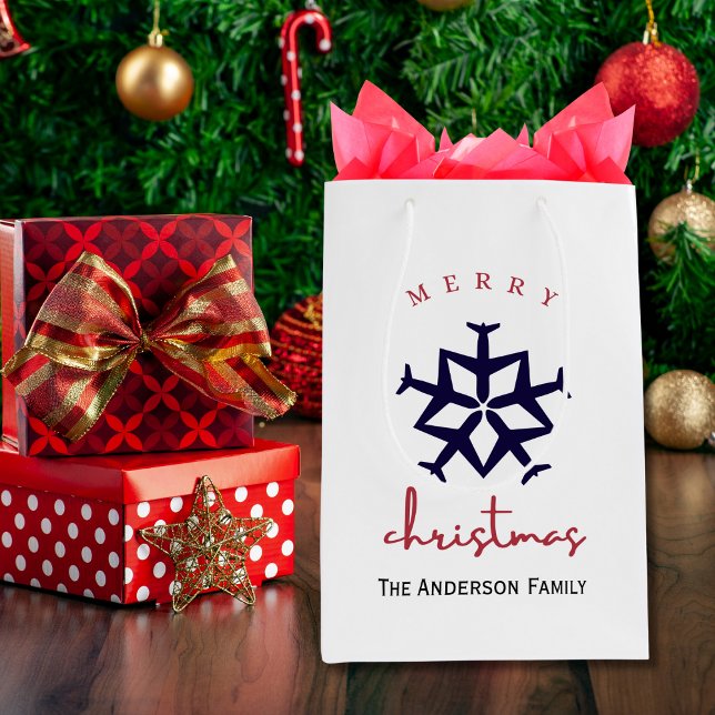 Christmas Airplane Snowflake Photo Funny Aviation  Medium Gift Bag (Creator Uploaded)