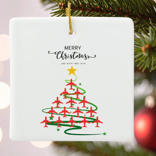 Christmas Airplane Tree & Photo Simple Aviation Ceramic Ornament