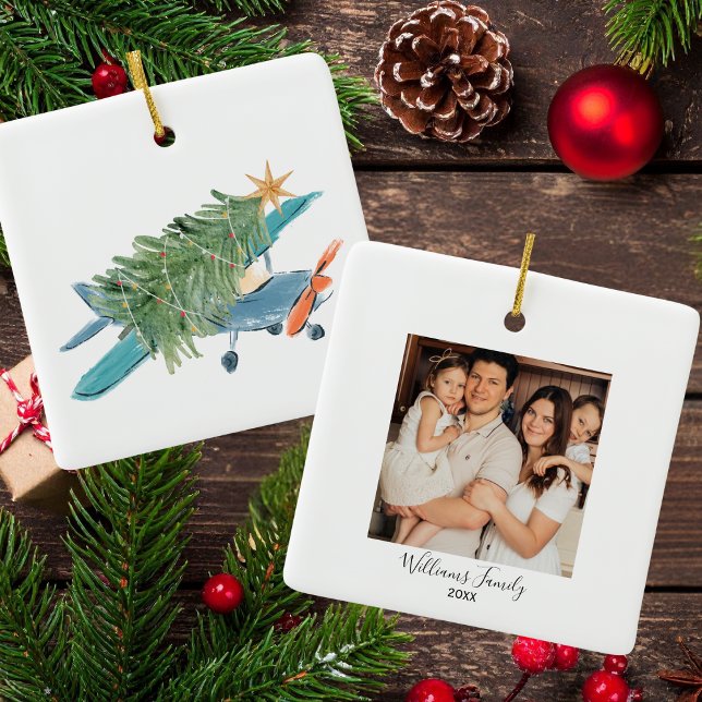 Christmas Airplane Tree & Photo Simple Aviation Ceramic Ornament (Creator Uploaded)