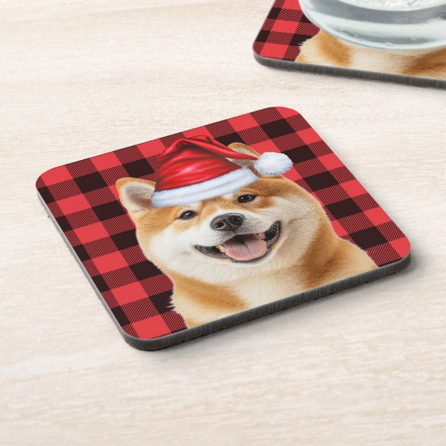 Christmas Akita Dog Red Buffalo Plaid Holiday Coaster (Left Side)