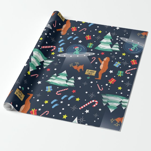 christmas alien abduction bigfoot yeti sasquatch wrapping paper (Unrolled)