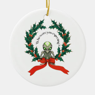 Christmas Alien Wreath Ceramic Ornament