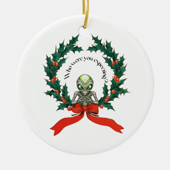 Christmas Alien Wreath Ceramic Ornament (Front)