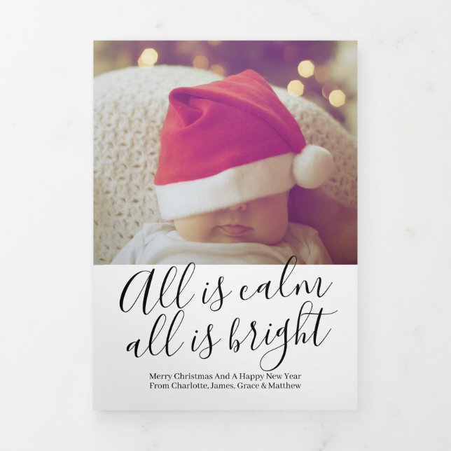 Christmas All Is Calm All Is Bright Personalized Tri-Fold Holiday Card (Cover)