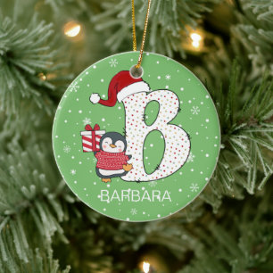 Christmas Alphabet B Santa Hat Penguin Snowflake Ceramic Ornament
