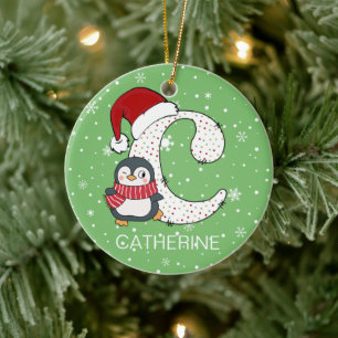 Christmas Alphabet C Santa Hat Penguin Snowflake Ceramic Ornament