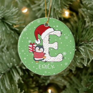 Christmas Alphabet E Santa Hat Penguin Snowflake Ceramic Ornament
