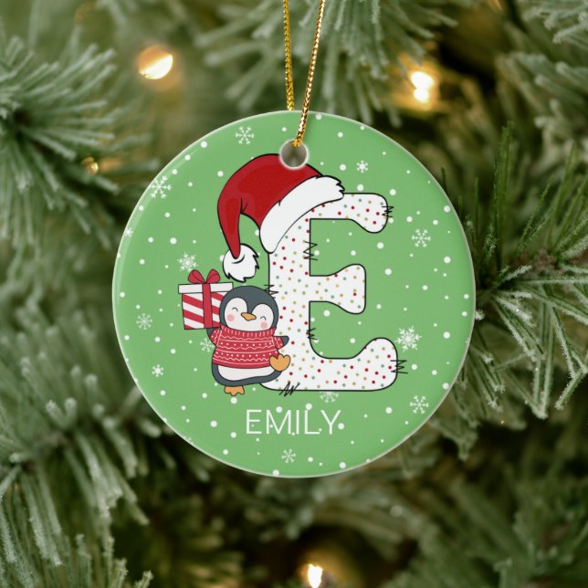 Christmas Alphabet E Santa Hat Penguin Snowflake Ceramic Ornament (Tree)