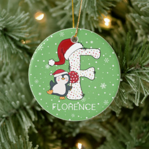 Christmas Alphabet F Santa Hat Penguin Snowflake Ceramic Ornament