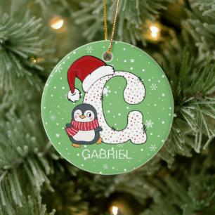 Christmas Alphabet G Santa Hat Penguin Snowflake Ceramic Ornament