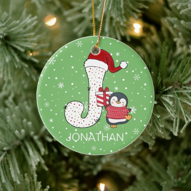 Christmas Alphabet J Santa Hat Penguin Snowflake Ceramic Ornament (Tree)