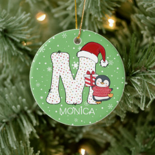 Christmas Alphabet M Santa Hat Penguin Snowflake Ceramic Ornament