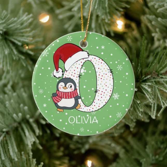 Christmas Alphabet O Santa Hat Penguin Snowflake Ceramic Ornament (Tree)