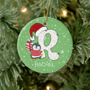 Christmas Alphabet R Santa Hat Penguin Snowflake Ceramic Ornament
