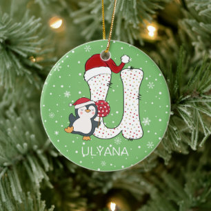 Christmas Alphabet U Santa Hat Penguin Snowflake Ceramic Ornament