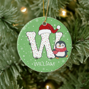 Christmas Alphabet W Santa Hat Penguin Snowflake Ceramic Ornament