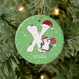 Christmas Alphabet X Santa Hat Penguin Snowflake Ceramic Ornament