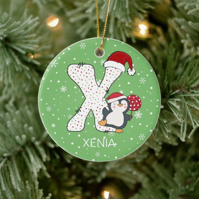 Christmas Alphabet X Santa Hat Penguin Snowflake Ceramic Ornament (Tree)