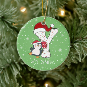 Christmas Alphabet Y Santa Hat Penguin Snowflake Ceramic Ornament