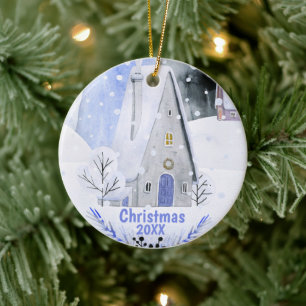 Christmas Alpine Ski Mountain Village House Ceramic Ornament