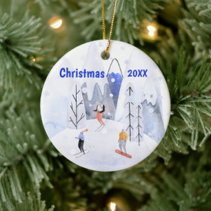 Christmas Alpine Ski Mountain Village Skiers Ceramic Ornament