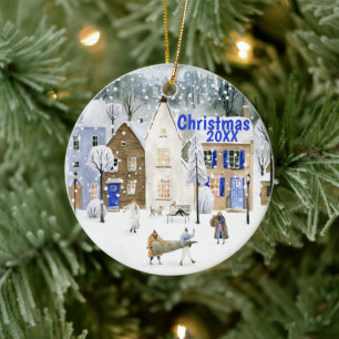 Christmas Alpine Ski Mountain Village Street Scene Ceramic Ornament
