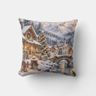 Christmas Alpine Village Winter Scene Throw Pillow