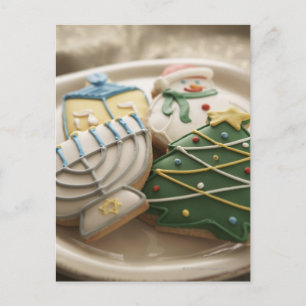 Christmas and Hanukkah cookies on plate, Holiday Postcard