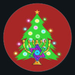 Christmas and Hanukkah Together Classic Round Sticker<br><div class="desc">Christmas and Hanukkah on gifts for interfaith families that celebrate the joy of Christmas and beauty of Chanukah.  Featuring Xmas tree and menorah with jewish star of david surrounded by holiday presents on greeting cards,  postage,  gift ideas and apparel for the family.</div>