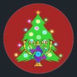 Christmas and Hanukkah Together Classic Round Sticker<br><div class="desc">Christmas and Hanukkah on gifts for interfaith families that celebrate the joy of Christmas and beauty of Chanukah.  Featuring Xmas tree and menorah with jewish star of david surrounded by holiday presents on greeting cards,  postage,  gift ideas and apparel for the family.</div>