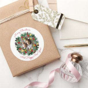 Christmas and New Year greetings, photo in wreath Classic Round Sticker