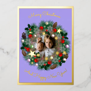 Christmas and New Year greetings, photo in wreath Foil Holiday Card