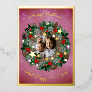 Christmas and New Year greetings, photo in wreath Foil Holiday Card
