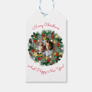 Christmas and New Year greetings, photo in wreath Gift Tags