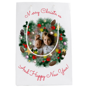 Christmas and New Year greetings, photo in wreath Medium Gift Bag