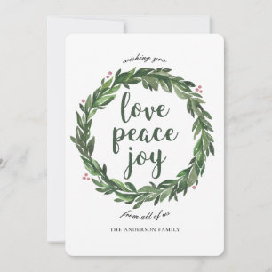 Christmas and New Year wreath. Love, Peace, Joy Holiday Card