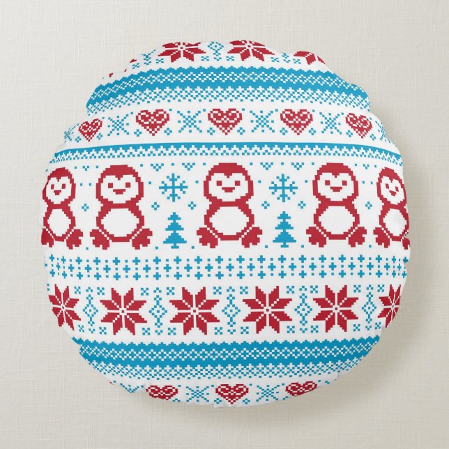 Christmas and Winter knitted pattern Round Pillow (Front)