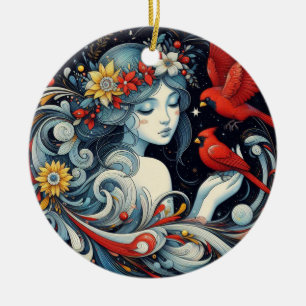 Christmas Angel and Cardinals  Ceramic Ornament