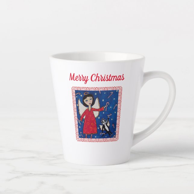 Christmas Angel Black Cat in sky Candy Canes Frame Latte Mug (Right)