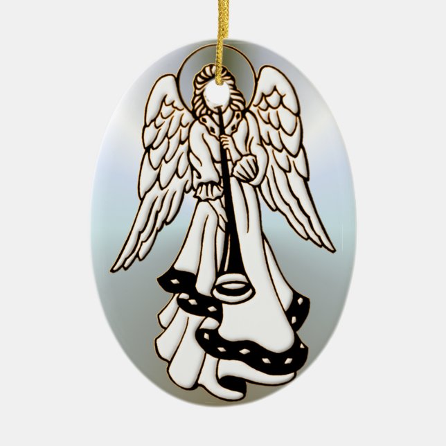 Christmas Angel Brass Trumpet Ceramic Ornament (Front)