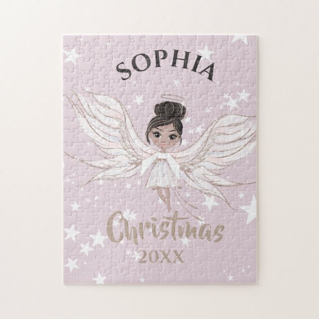 Christmas Angel Dark Hair Pink White  Jigsaw Puzzle (Vertical)