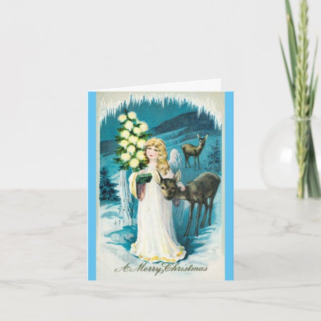 Christmas Angel & Deer Vintage Holiday Card (Front)