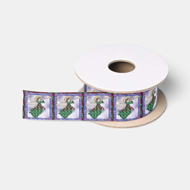 Christmas Angel Faux Stained Glass Holiday Satin Ribbon (Spool)